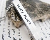 Stamped Aluminum Aluminium Bar Necklace, Latitude Longitude Coordinates - Gift for Him or Her, Love Boyfriend Girlfriend