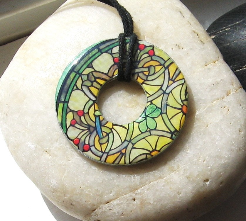 Lovely Celtic Stained Glass Design Upcycled Papers Washer Pendant Necklace Unique Gift Shamrock