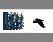 Winter Raven Linocut Hand Pulled Print Limited Edition of 8