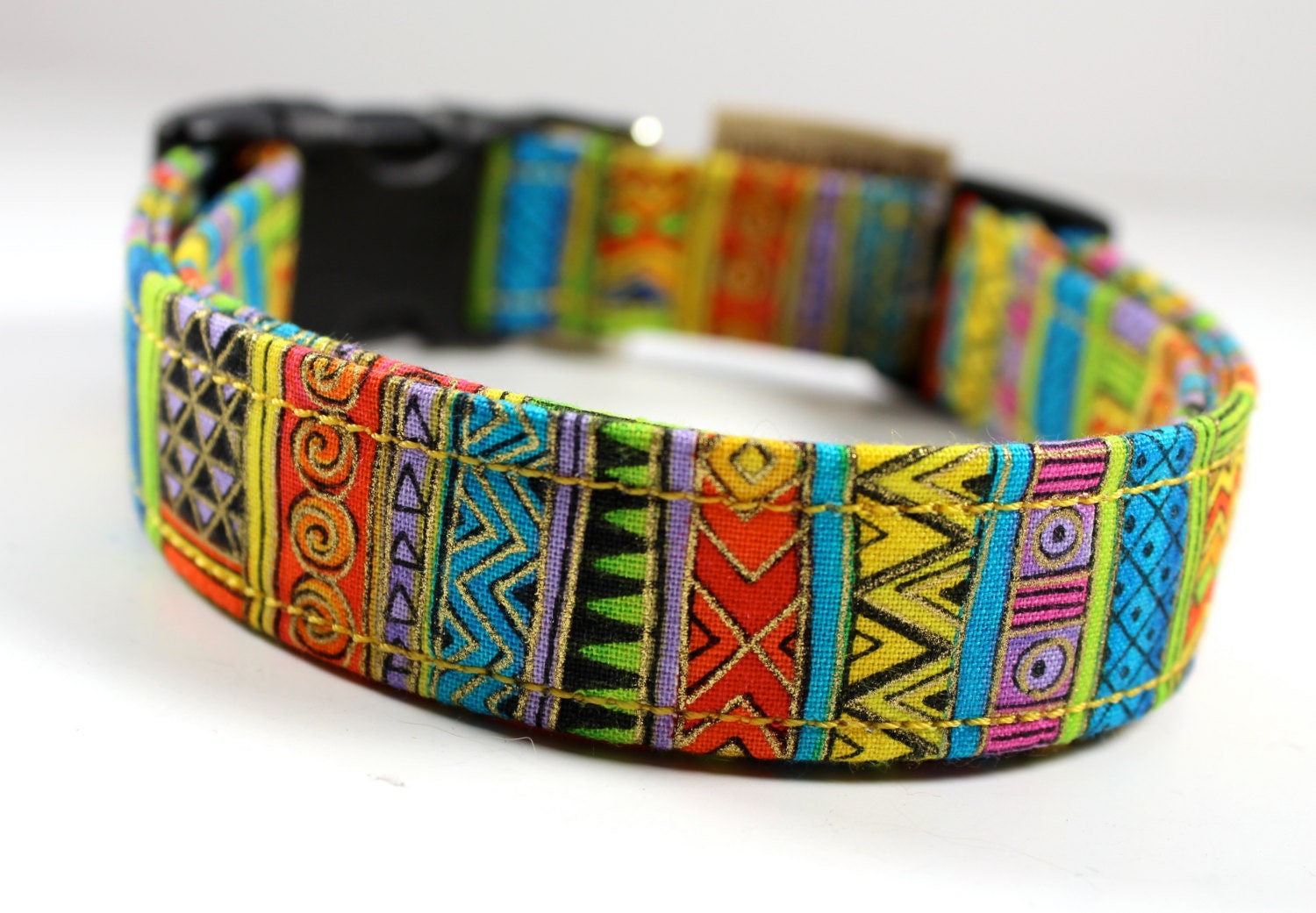 Colorful zig zag stripe dog collar  "Ziggy Dog" in blue yellow orange purple striped pattern
