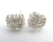 Square studs, silver stud earrings, wire wrapped earrings, everyday earrings, glass earrings, geometric studs
