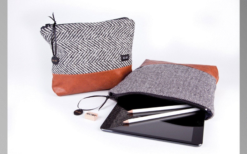 Herringbone upcycle wool clutch , pencil case ,mini IPad pouch