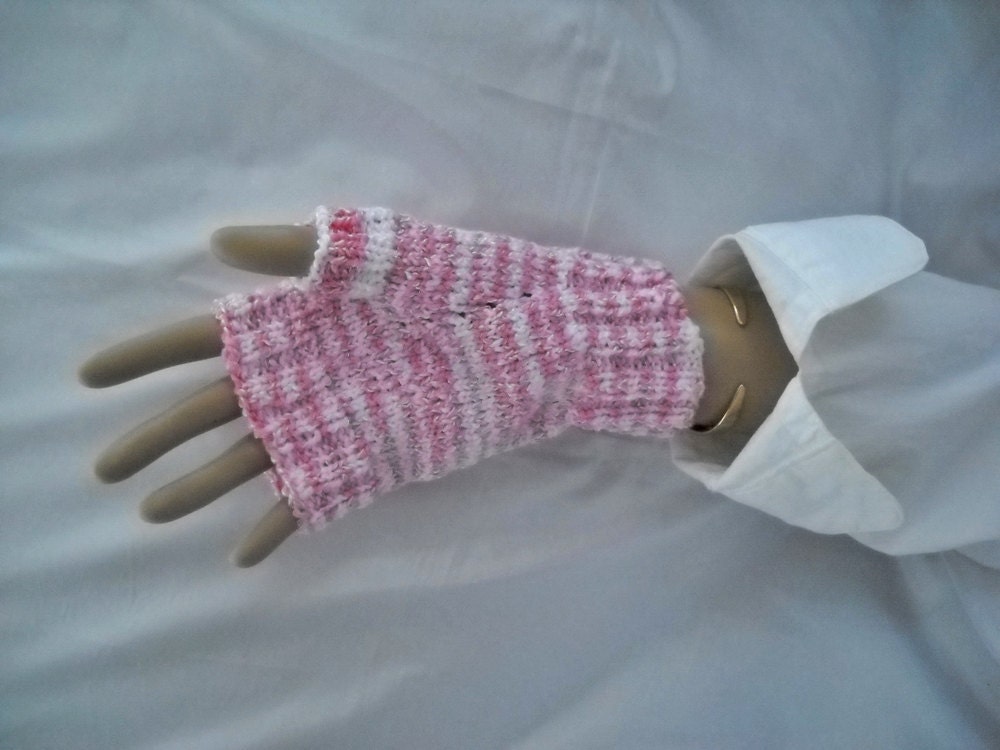Fingerless Mitts, Gloves with Thumb, Handknit mini cables, Pink and White, 1 Size, Seamless, Vegan