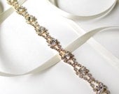 Thin Gold Rhinestone Bridal Headband - Gold or Silver - White or Ivory Satin Ribbon - Gold and Crystal - Extra Long Wedding Dress Belt