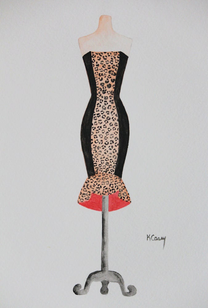 Watercolor Painting Art Fashion Illustration Original Leopard Red Black Home Decor Nursery Decor 9 X 12 Girls Room Feminine