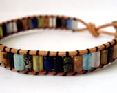 Leather wrap bracelet - tiny rainbow mixed stone with button closure