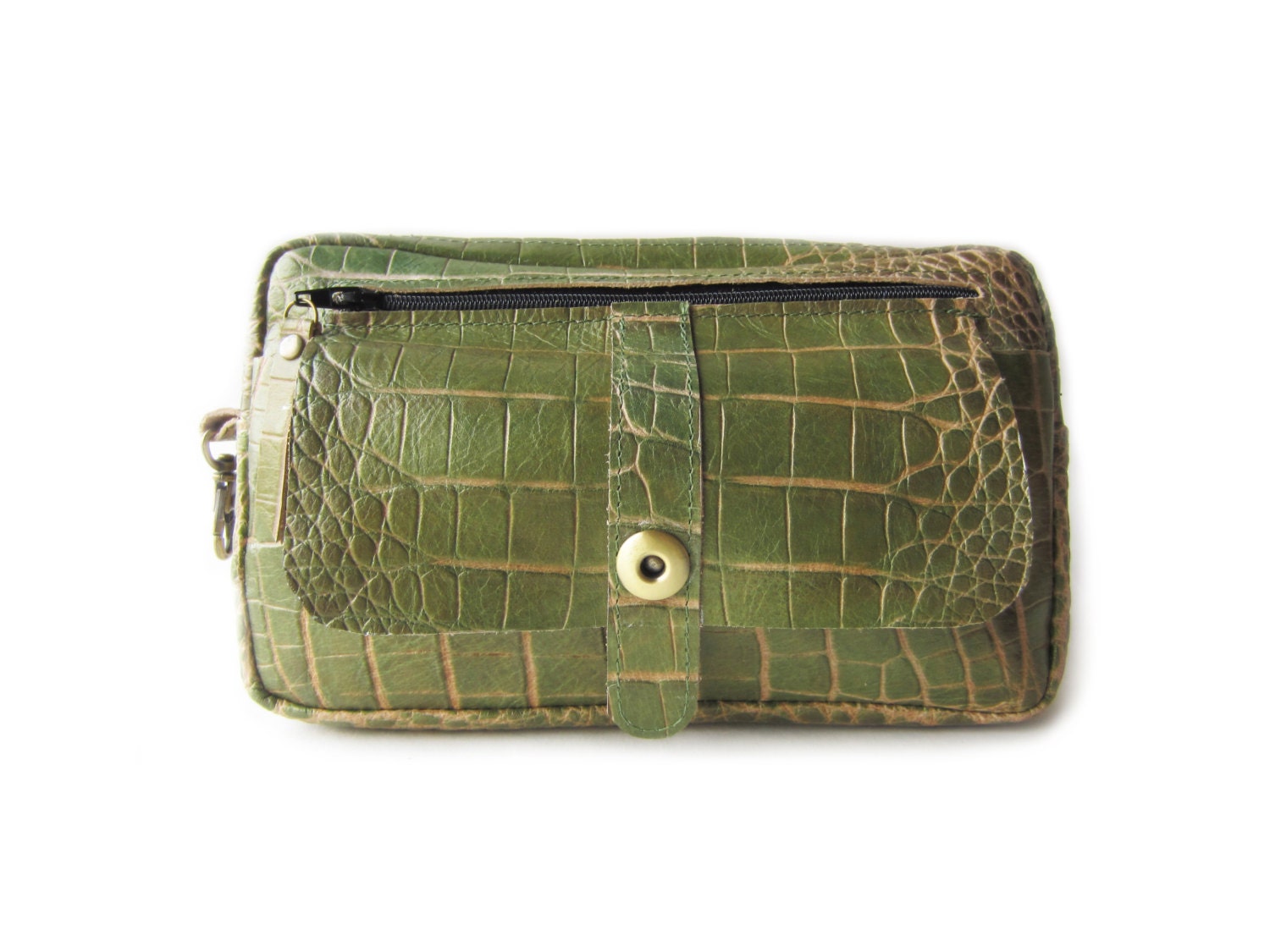 leather hip bag green croco leather clutch