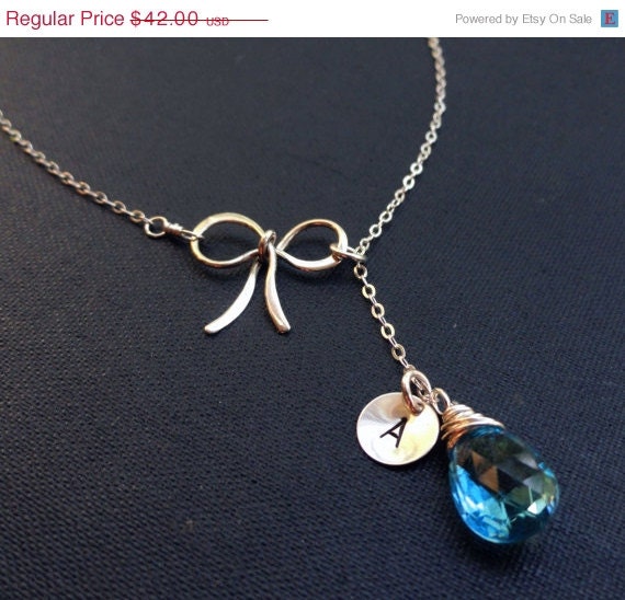 ON SALE Silver Bow Necklace,Birthstone & initial necklace, TIE The Knot necklace, Personalized bridesmaid gift ideas, y-necklace, lariat ne