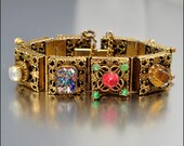 Art Glass Bracelet Victorian Revival Gold Moonstone Foil Peking Glass Vintage 1950s Jewelry