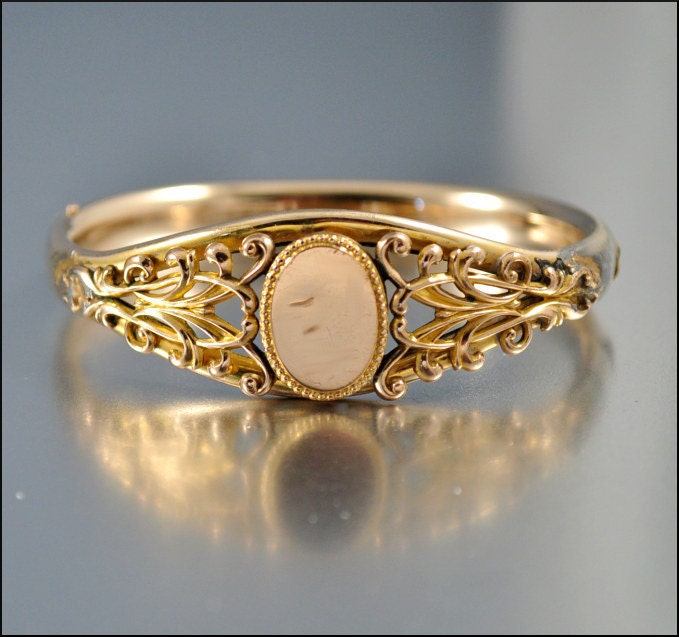 Victorian Gold Bangle Bracelet Antique Jewelry Monogram Scroll Vintage Jewelry