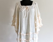 70s Ethereal Ivory Cotton Crochet Flutter Butterfly Boho Hippie Festival Gauze Blouse Top Mini . Free Size .  D091 . No.195.3.28.13