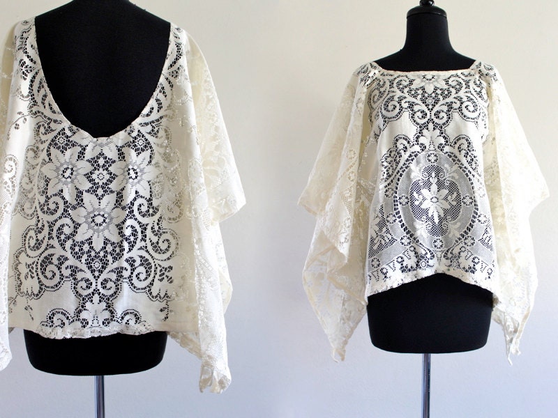 70s Rare Ivory Lace Draped Backless Caftan Kaftan Boho Hippie Festival Wedding Bridal Blouse Top Shirt . Free Size . Lshelf . No.226.4.3.13