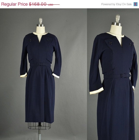 25% Off Sale Vintage 1950s Dress, 50s Dress wiggle crepe designer navy blue skinny belt