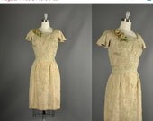 25% Off Sale Vintage 1950s Dress wiggle silk organza floral cocktail party dress L  50s Dress