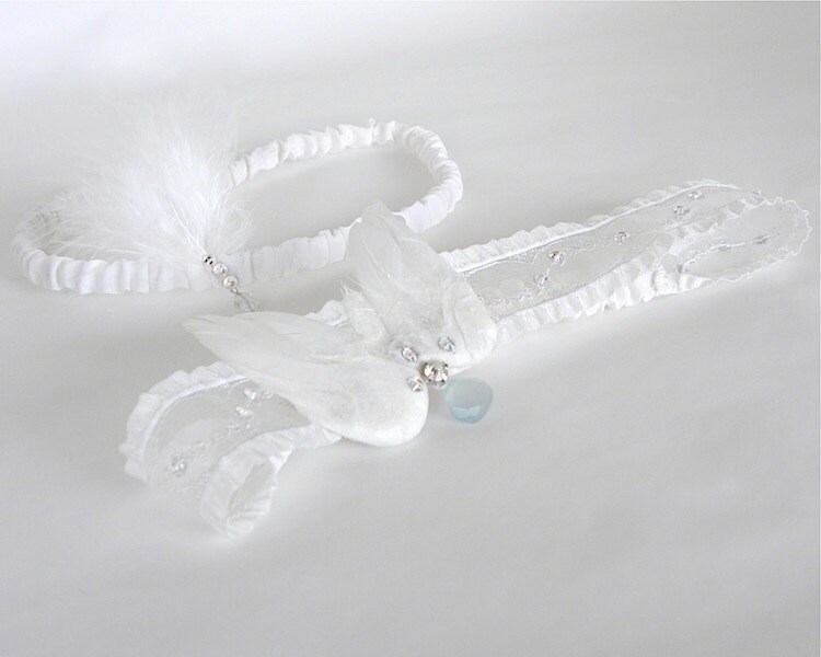 Angel Wing Garter Set, Something Blue Wedding Garter, White Garter Set, Bridal Garter Set with Rhinestones