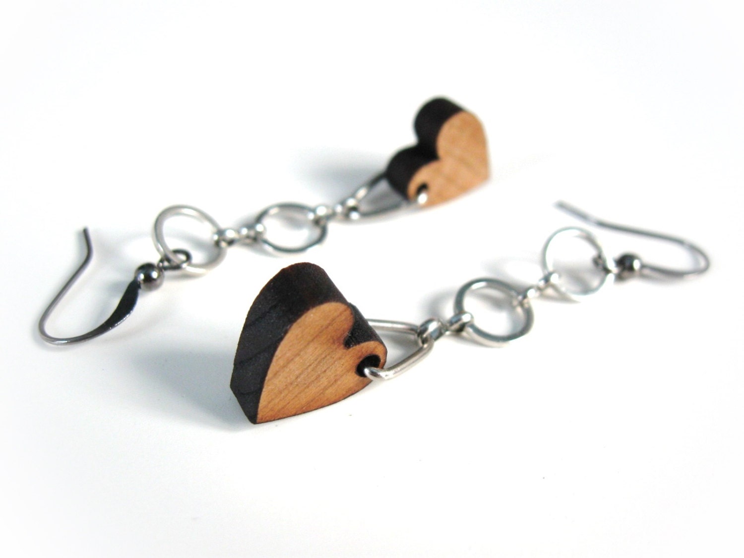 Wood heart and chain earrings eco friendly fashion jewelry