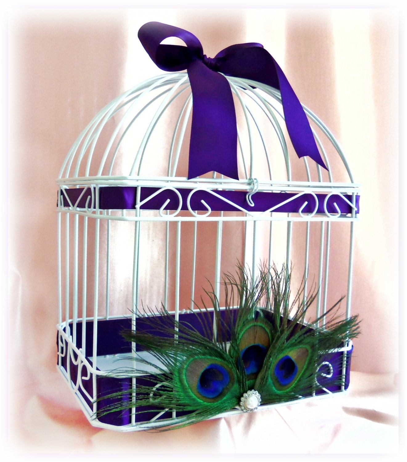 Card Box, Peacock Feathers Wedding Card Box Bird Cage Card Holder, Custom Ribbon Colors