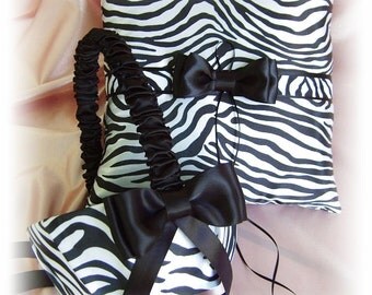 Zebra Wedding Pillow Basket - Wedding Ring Pillow Flower Girl Basket - Zebra Print and Black - Wedding Accessories Ceremony Decor