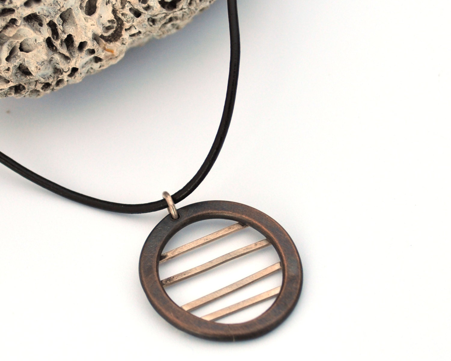 Horizontal Stripes, Copper and Silver Necklace, Geometric Necklace, Copper Necklace with Leather Cord