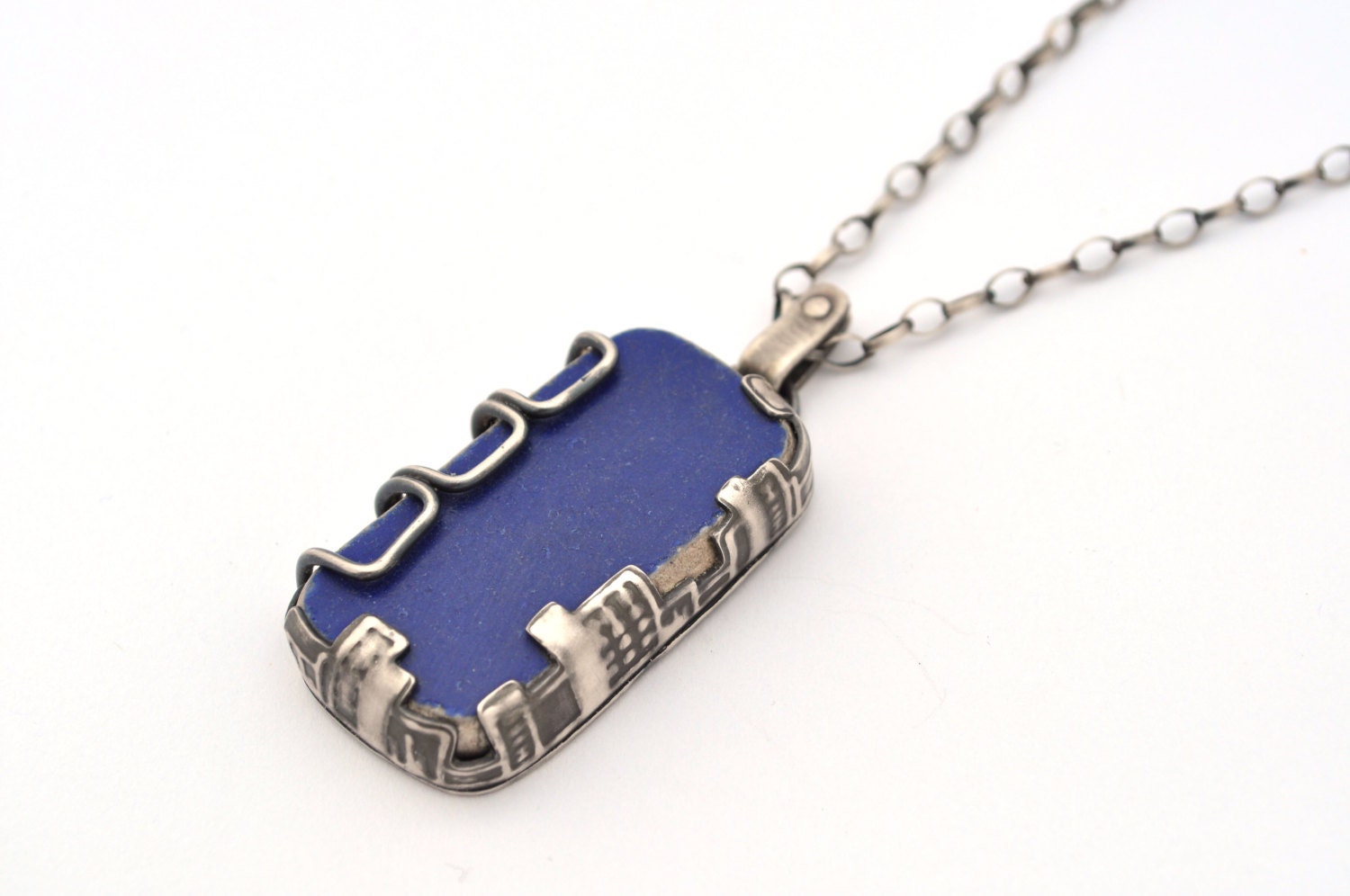 Sterling Silver Necklace with Blue Beach Pottery and City Scape Fine Silver Bezel,  One of a Kind Geometric Jewelry, Statement Necklace
