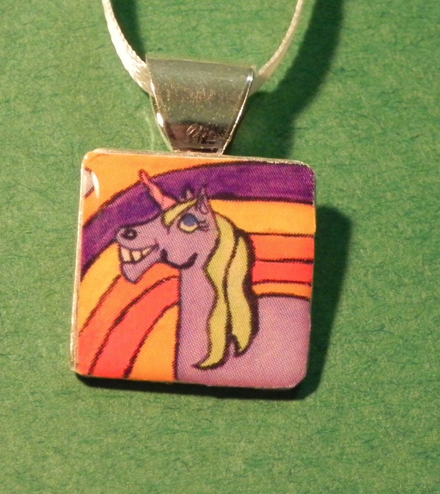 Unicorn art pendant jewelry/purple unicorn/resin/silver plate bail/handmade/wearable art jewelry