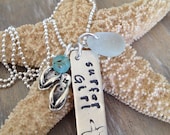 Sea Glass Necklace with Flip Flop Charm and Hand Stamped Surfer Girl Tag Sterling Silver