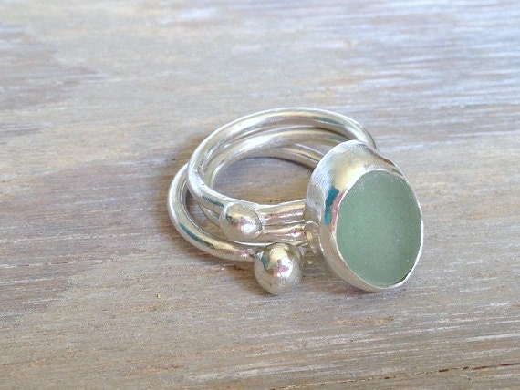 Sea Glass Ring Sterling Stacking Ring Rustic Aqua Sea Glass