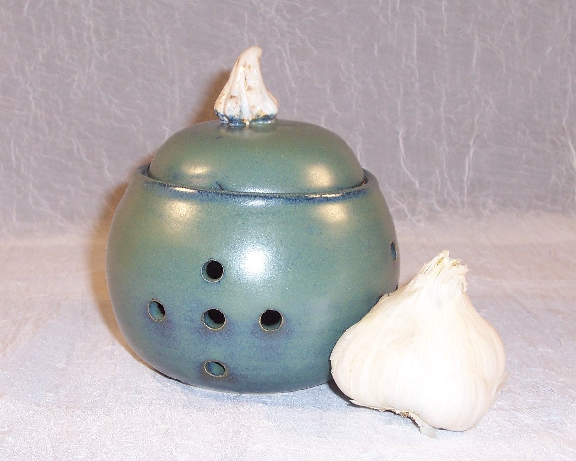 Ceramic Garlic Jar Blue Green Garlic keeper  Wheel Thrown Stoneware Pottery Handmade Ceramics