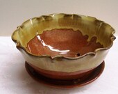 Ceramic Planter with attached Saucer Tomato red and Taffy Wheel Thrown Stoneware Ceramics Pottery