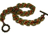 Handmade Beaded Bracelet Beadweaving Seed Beads Spiral Pattern Green Lime Orange Brown Autumn Art Jewelry 8 3/4"