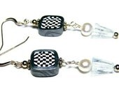 Handmade Polymer Clay Earrings Pierced Checkered Canework Jewelry Blue Topaz Pearl Dangles Modern Contemporary Sterling Silver