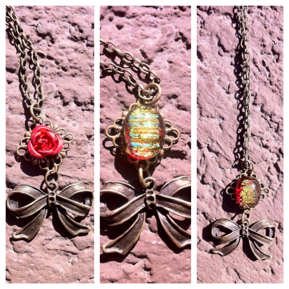 18" Red & Gold Dichroic glass cabochon and bow necklace