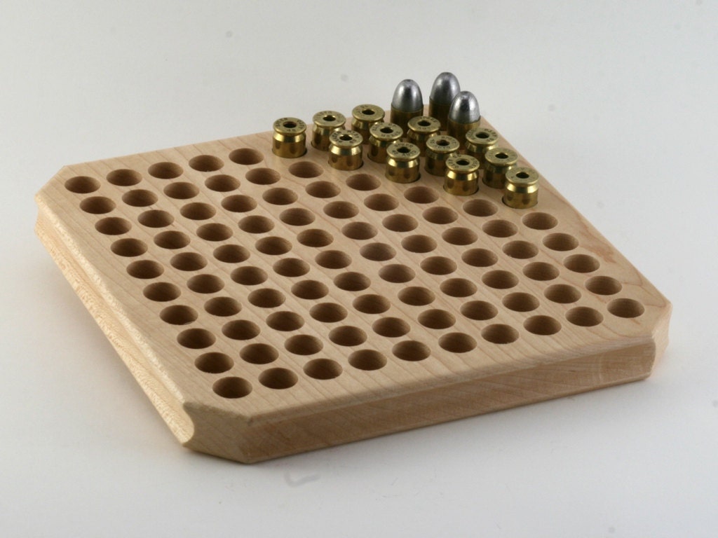 NEW - 100 Round Maple reloading block with standard depth holes for pistol calibers - 1/2" diameter - .45 ACP, 10mm, 9mm, other.