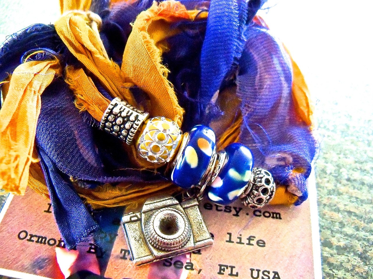Oh Snap No. 002 - Beachy Boho Bracelet, Navy Blue, Mustard, Gold Boho Silk Wrap