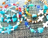 Sideways Cross, Simple Stretch Bracelets - One of A Kind, Summer, Beaded Bracelet, Multi Color, Charm Bracelet