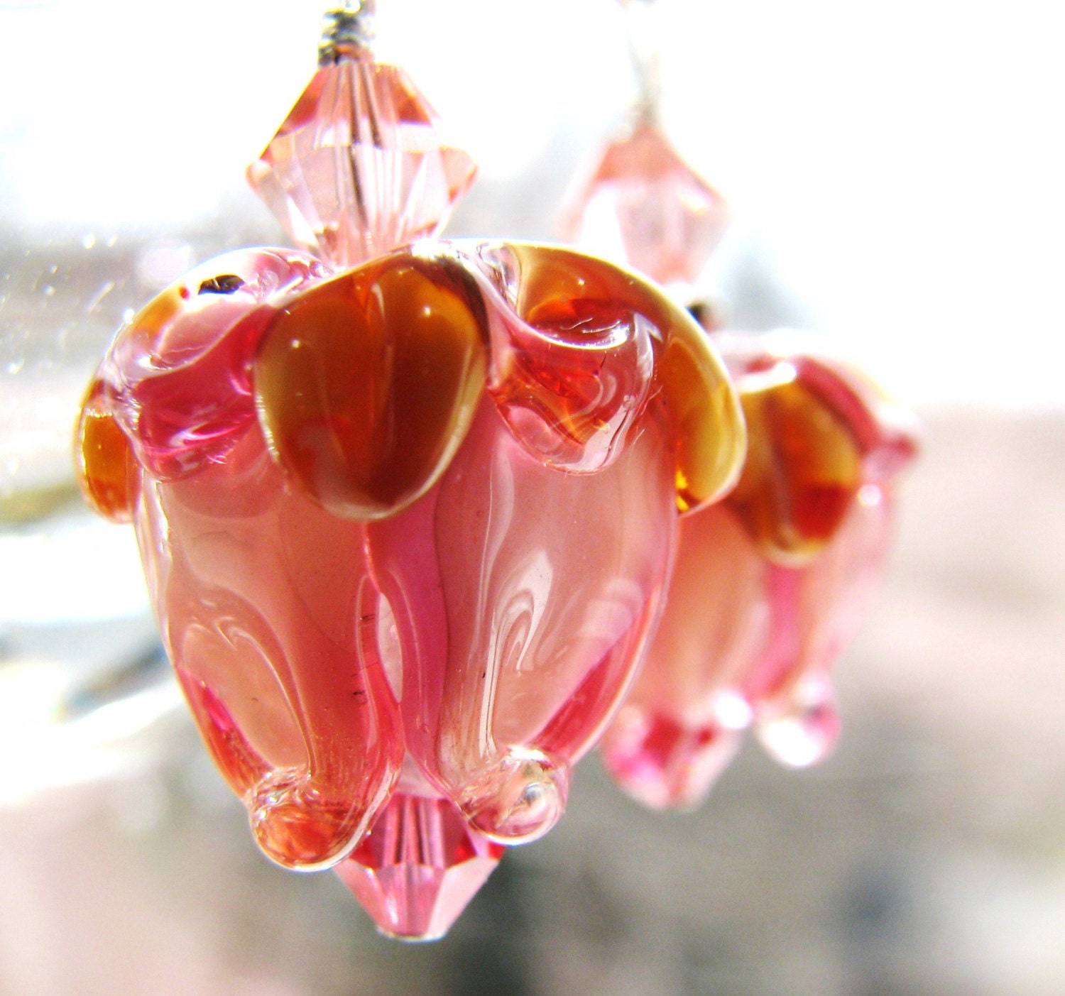 Mother's Day Earrings 1, Peach Rose - Rose Buds Lampwork, SRA Artisan Glass Flowers, Swarovski Crystals, Bali Sterling Silver