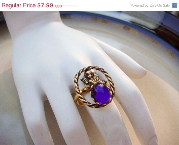 Summer Sale Vintage Angel Ring purple stone adjustable band