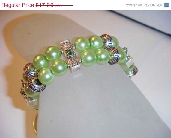Summer Sale Two Layer Green Pearl and crystal bracelet 7.5 inches emerald toggle