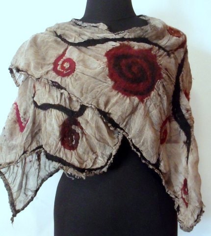 Poncho/shawl handmade  with dark Red and black spirals nuno felted  on pale shades of grey cottonReversible