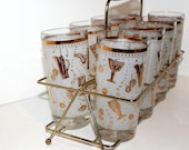 Vintage Frosted White Gold Glasses Set of 8 in Carrying Caddy Barware Drinks Party