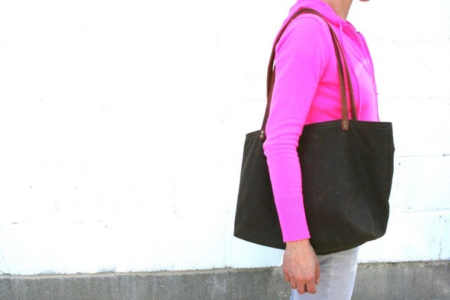 Large Brown Waxed Canvas Market Tote with Organic Cream Stripe and Red Lining