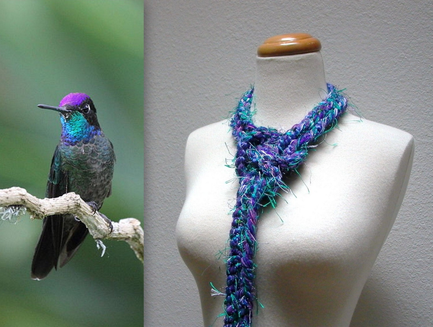 hummingbird. crochet long skinny scarf lariat belt fiber necklace . violet emerald teal blue . boho gypsy spring fashion summer accessories