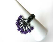 Amethyst Adjustable Ring - Oxidized Fine Silver Fan Ring - Size 5 - 7