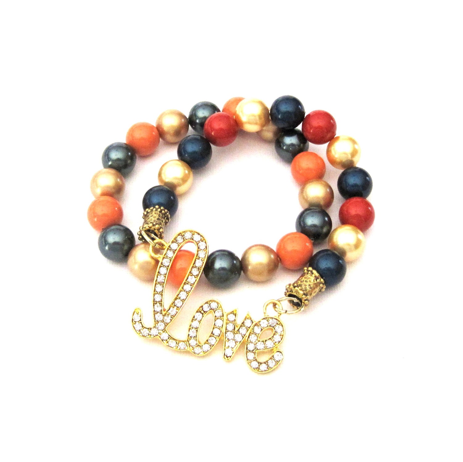 Rhinestone Love Stretch Stack Bracelets with Swarovski Pearls gold, blue, red, coral Set of 2