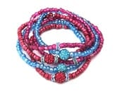 Pink and Aqua Stretch Stack Bracelets Glass and Swarovski Crystal Beads set of 6