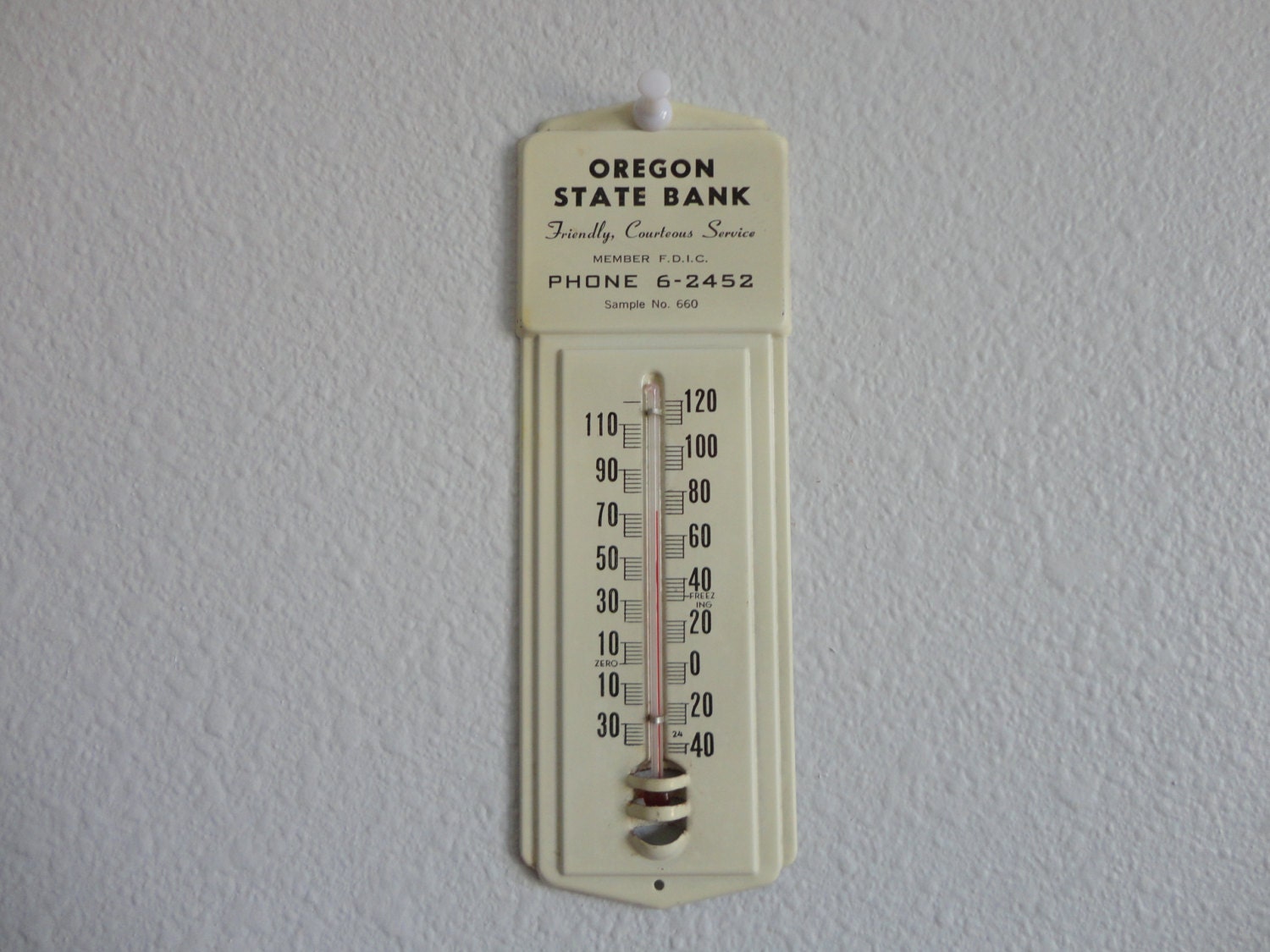 VINTAGE 'OREGON state bank' metal THERMOMETER