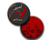 1.25" Round Digital Collage Sheet Butterfly Dandelion Swirls Red Grey and Black