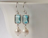 Aquamarine Blue Crystal Pearl Drop Earrings, Birthstone Earrings, March Birthstone earrings