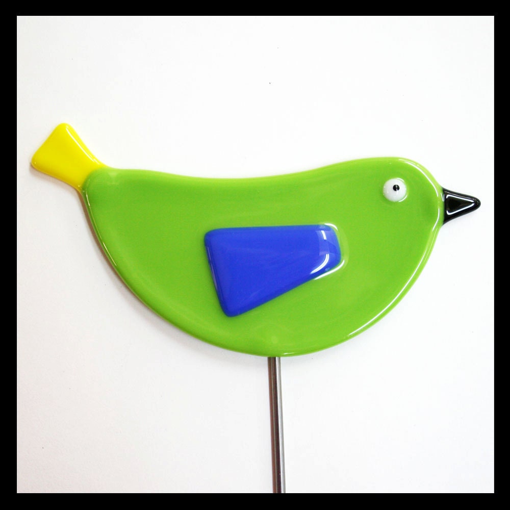 Glassworks Northwest - Lime Bird Plant Stake - Fused Glass Garden Art