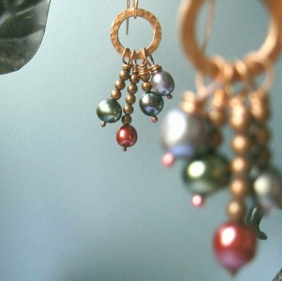 Fancy Pearl Earrings Multi Color Chandelier Dangles, Copper Beads